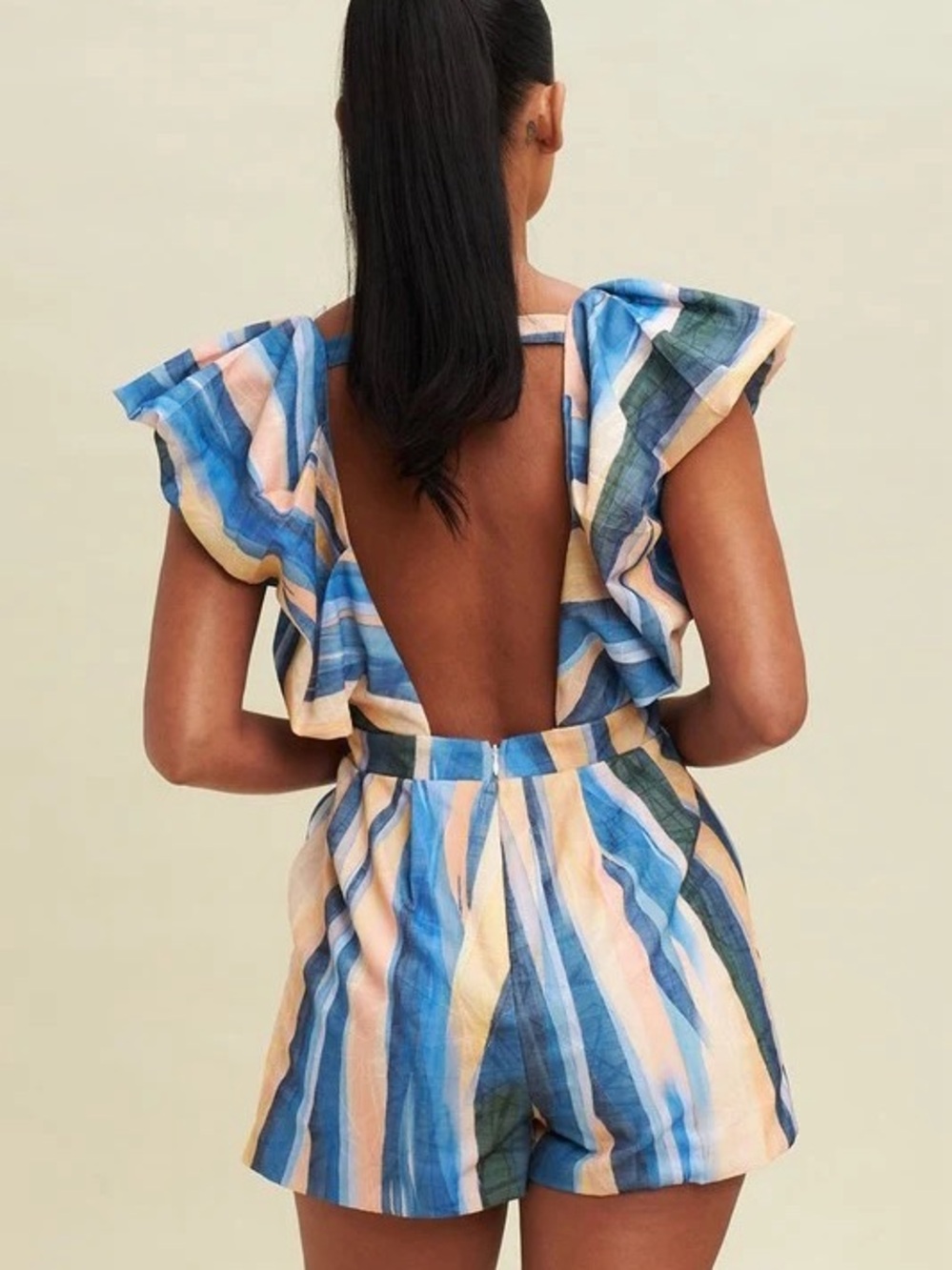 Luxxel Multicolor Striped Open-Back Ruffle Romper in Blue, Peach & Green